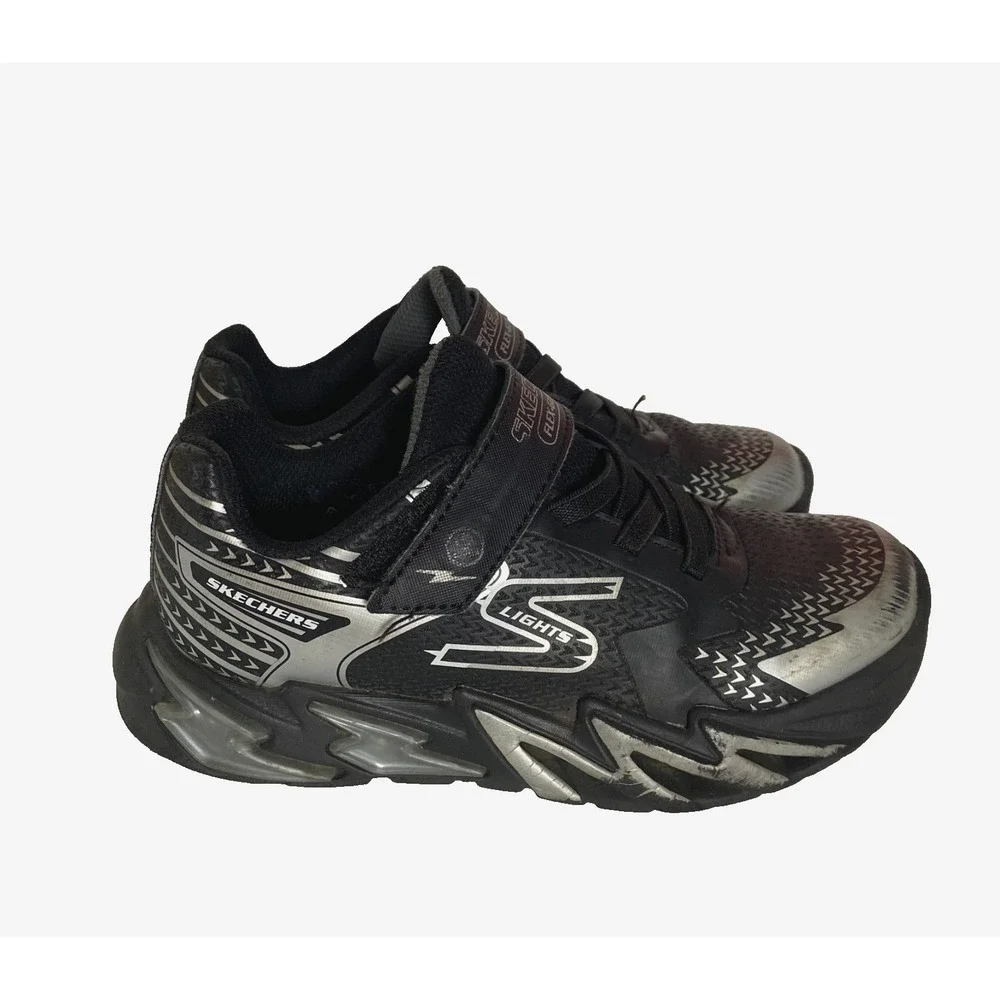 Skechers Boys Size 2.5‎ Flex-Glow Bolt Light-Up Black/Gray Sneaker Sports Lights